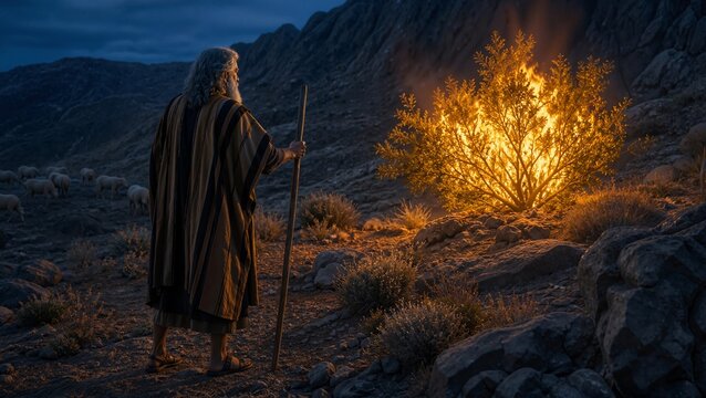 Moses encountering burning bush in desert landscape with glowing flames and rugged terrain. Moses stands with staff observing the divine fire, conveying a moment of revelation and inspiration.