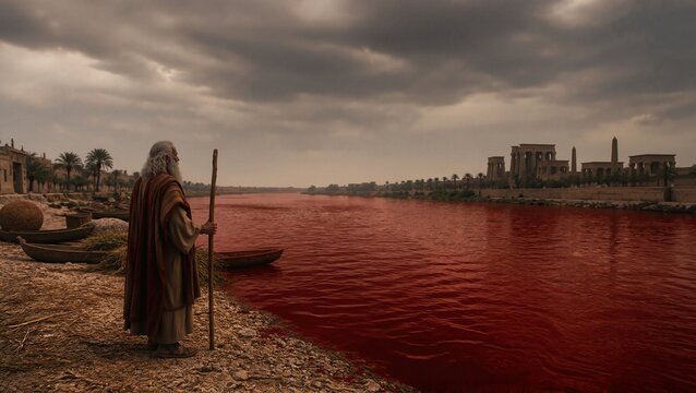 Moses overlooking the crimson Nile with dramatic clouds and ancient city in background. This powerful scene portrays Moses observing the transformation of the river, representing a pivotal moment.