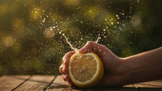 Hand squeezing a fresh lemon with juice splashing on a wooden table.