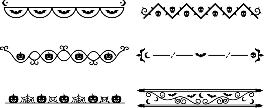 Set of hand drawn decorative borders featuring spooky halloween elements like bats pumpkins and ghosts for seasonal designs