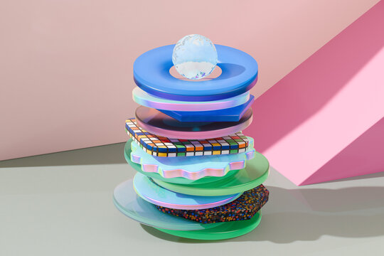Colorful Geometric Shapes Stacked 3D Abstract