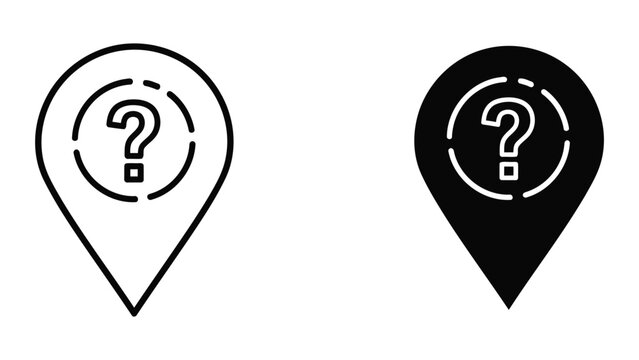 Question mark inside location map pin icon isolated on transparent background