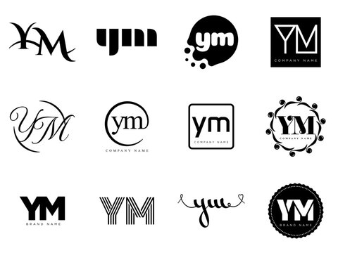 YM logo company template. Letter y and m logotype. Set different classic serif lettering and modern bold text with design elements. Initial font typography.