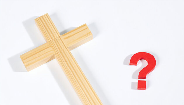 Wooden cross with small red question mark beside it, isolated on white background, concept of faith, doubt and spiritual questions. Close-up.