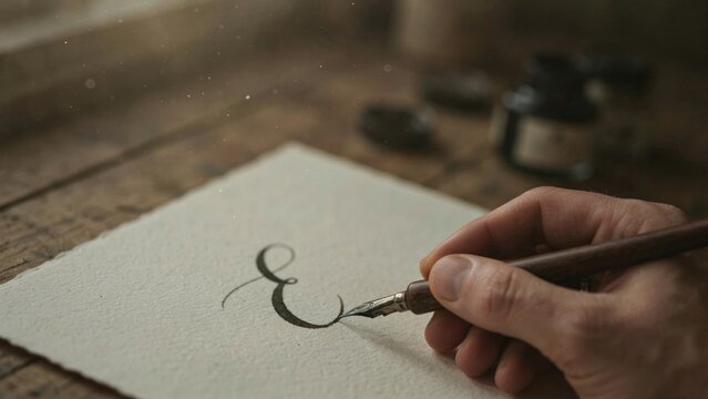 Close up of a hand using a dip pen to write calligraphy on paper.