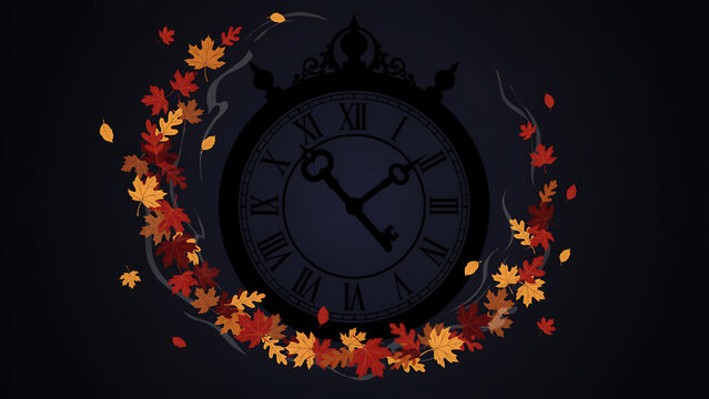 A vintage clock face with roman numerals surrounded by a circular wreath of colorful autumn leaves against a dark black background texture