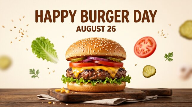 Happy Burger Day banner with August 26 text. Gourmet cheeseburger on wooden board with flying ingredients. Fast food restaurant promotion.