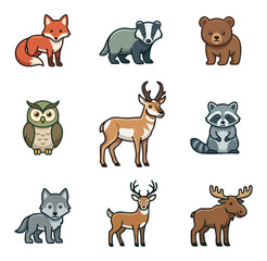Naklejka premium Collection of woodland animal illustrations in flat design style