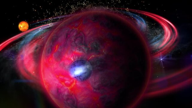 A massive celestial sphere floats through space, encircled by luminous rings, with a smaller satellite and distant stellar objects nearby.
