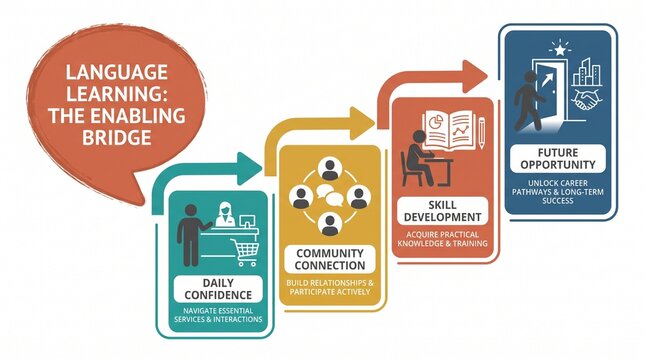 Language learning pathway for newcomer confidence and access