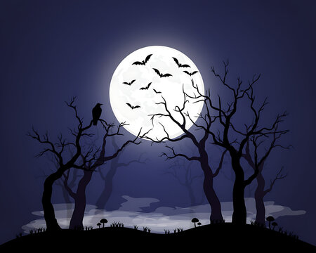 A spooky night scene featuring a full moon, bare silhouetted trees, a raven on a branch, and bats flying over a foggy landscape with mushrooms