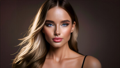 Naklejka premium Portrait of a Beautiful Young Blonde Woman with Blue Eyes on Dark Background. Web Banner.