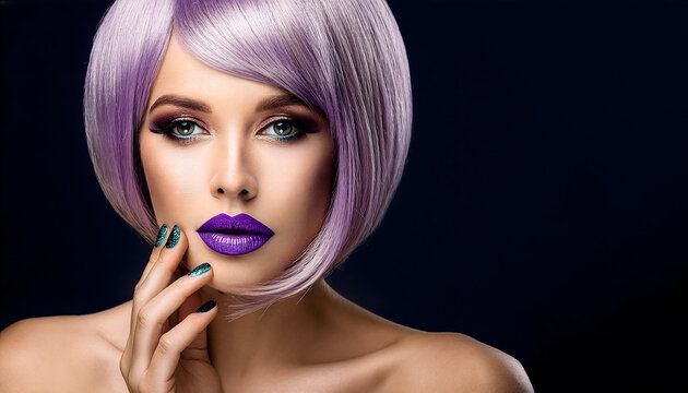 Portrait of a Beautiful Young Silver Platinum Blonde Woman with Short Haircut on Dark Background. Web Banner.