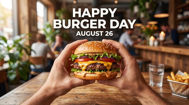 Happy Burger Day August 26 greeting, hands holding juicy cheeseburger in restaurant, gourmet beef burger social media post