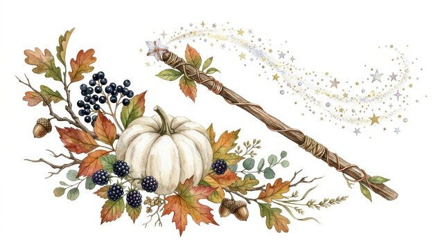 Watercolor autumn composition with white pumpkin, berries, oak leaves, acorns, and a magic wand with sparkling stardust isolated on white background