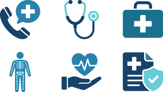 Set of medical and healthcare icons including stethoscope, first aid kit, skeleton, heart health, and medical report, flat vector illustration