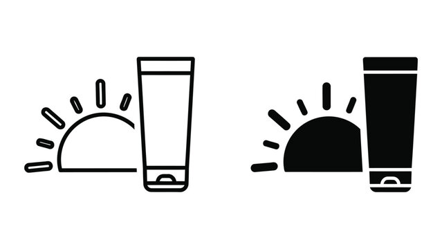 Sunscreen lotion tube and sun protection vector icon set for summer skincare routine