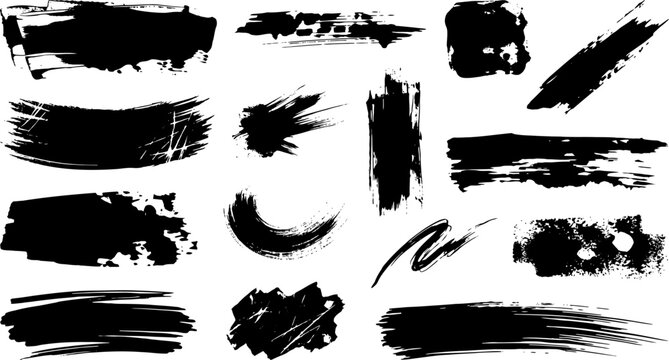 Set of black grunge brush strokes and ink splatters
