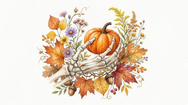 Watercolor illustration of a skeleton hand holding a pumpkin surrounded by autumn leaves, flowers, and acorns isolated on white background