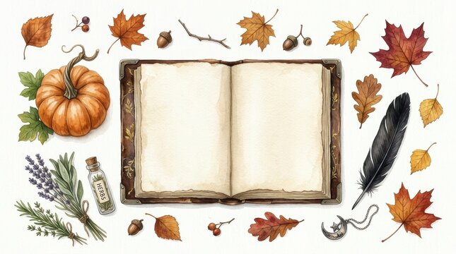 Open vintage book surrounded by autumn leaves, pumpkin, herbs, and a feather quill isolated on white background