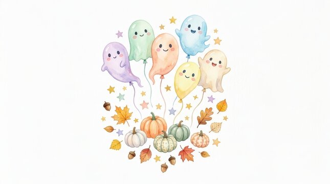 Watercolor illustration of cute colorful ghost balloons and autumn pumpkins isolated on white background