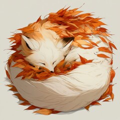 Naklejka premium A fox is curled up in a pile of colorful autumn leaves on a gentle day. The warm hues create a cozy scene in a peaceful setting.