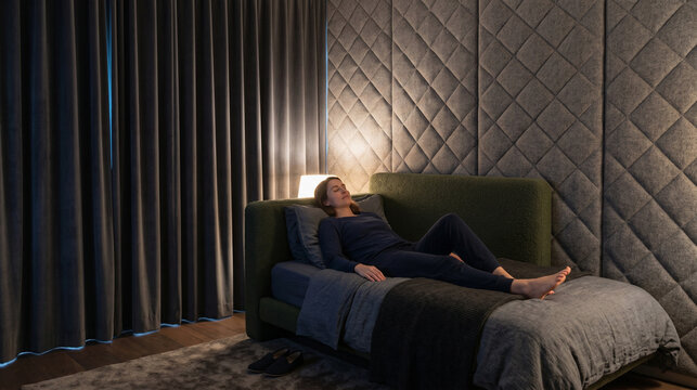 Evening quiet room featuring a cushioned daybed and lone recline