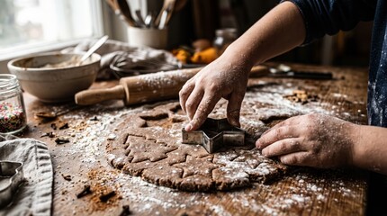 Naklejka premium A child hands use star shaped cookie cutters on gingerbread dough. The concept illustrates family, creativity, holiday traditions, and the joy of cooking together. Generative AI.