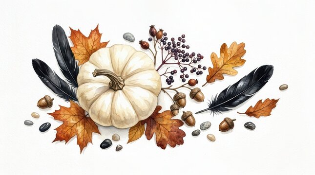 Watercolor autumn composition with white pumpkin, black feathers, fall leaves, acorns, and berries isolated on white background