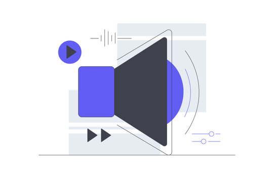 Audio Listening Speaker and Sound System Volume Control. Megaphone Speaker Icon with Play Button Equalizer Waves and Audio Settings. Flat Cartoon Vector Illustration, icon Stylish abstract design web