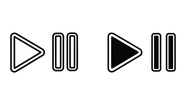 Media play and pause button vector icon set in outline and solid black style for UI