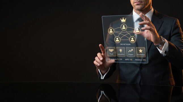 Corporate culture executive shaping holographic organizational network with trust innovation impact and excellence values plus employee engagement retention metrics in premium business setting with co