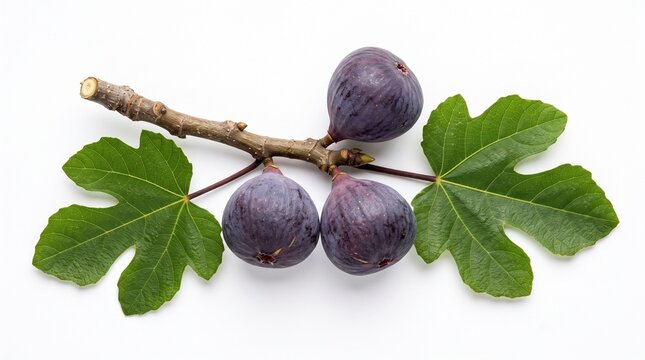 Fresh organic purple figs growing on a small branch with vibrant green leaves over white surface for healthy food concept and culinary design