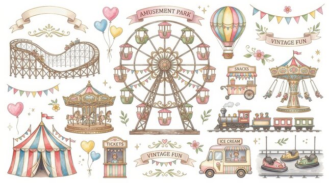 Vintage Watercolor Amusement Park and Carnival Elements Set with Ferris Wheel, Carousel, and Circus Tent
