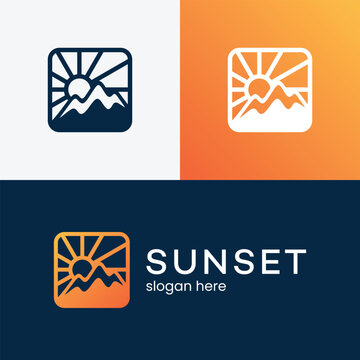 Sunset logo design with sun mountain and square shape.