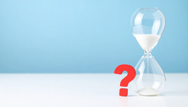 Elegant clear glass hourglass and small red question mark, soft blurred blue backdrop, minimal composition, uncertainty and waiting concept, FAQ and problem-solving. Close-up.