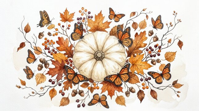 Watercolor illustration of a white pumpkin surrounded by autumn leaves, monarch butterflies, acorns, and berries isolated on white background