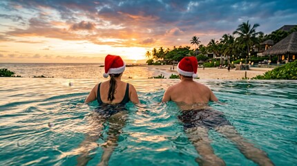 Fototapeta premium A couple in Santa hats relaxes in an infinity pool overlooking a tropical beach at sunset. Concept Christmas travel, resort advertising, holiday tourism and luxury marketing. Generative AI.