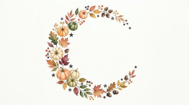 Watercolor autumn crescent moon wreath with pumpkins, leaves, acorns and berries isolated on white background