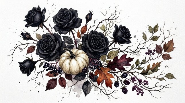 Watercolor illustration of black roses, a white pumpkin, autumn leaves, and berries, isolated on white background