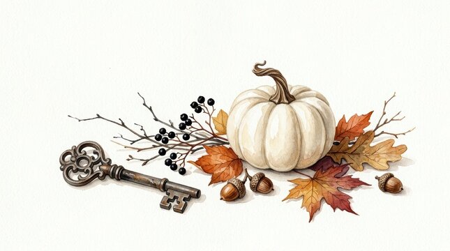 Watercolor illustration of a white pumpkin, autumn leaves, berries, acorns, and an antique key isolated on white background