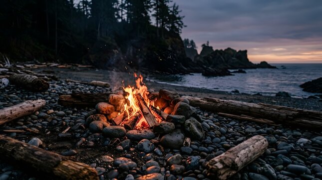 A warm crackling campfire burns on a rocky pebble beach near the ocean at twilight.