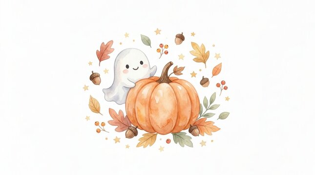 Cute watercolor ghost with a pumpkin, autumn leaves, acorns, and berries, isolated on white background