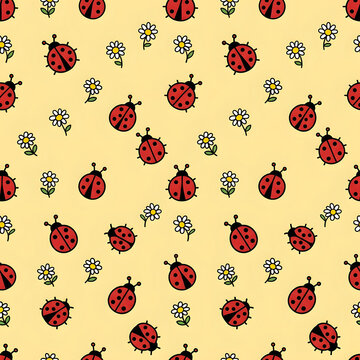 cute ladybug seamless pattern | cartoon daisy and ladybug background | yellow nursery wallpaper design | red ladybird vector illustration