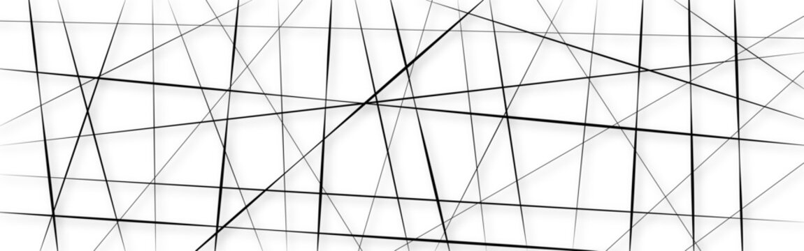 Abstract Black Intersecting Line Pattern on White Minimal Background. Random Geometric Black Line Network with Crossing Linear Shapes.