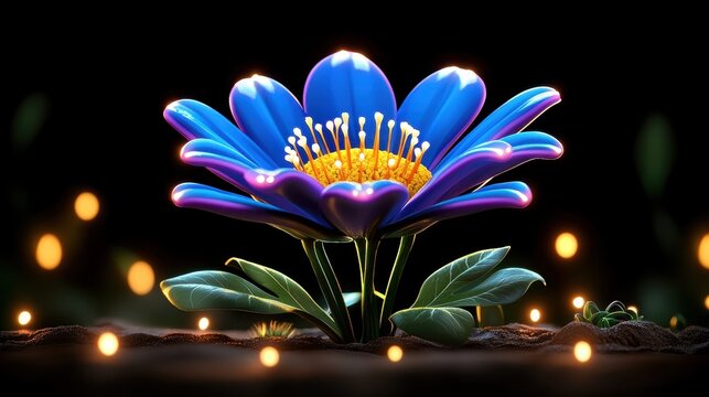 Glowing Blue Flower in Dark Digital Art