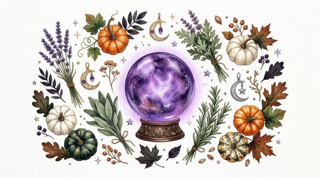 Watercolor illustration of a crystal ball surrounded by autumn pumpkins, fall leaves, herbs, and celestial moon charms isolated on white background