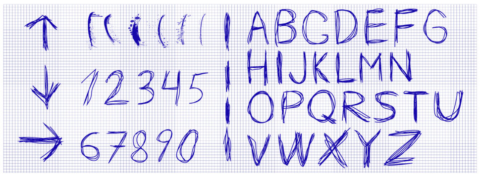Writing practice on graph paper showing letters and numbers in blue ink