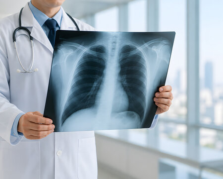 A close-up view of a professional male doctor wearing a clean white lab coat, blue dress shirt, dark tie, and stethoscope around his neck, holding and reviewing a clear chest X-ray film.
