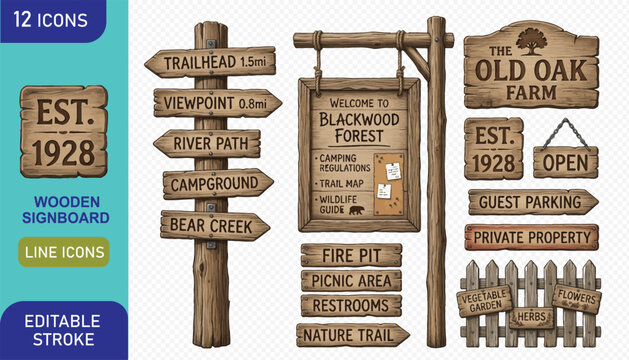 Rustic wooden signboards vector set for outdoor park, forest, and farm navigation, featuring directions and info.
